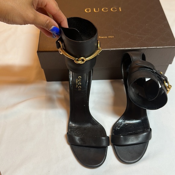 Gucci women’s black horsebit ankle strap high heel sandal gold hardware size 36 - Picture 10 of 15